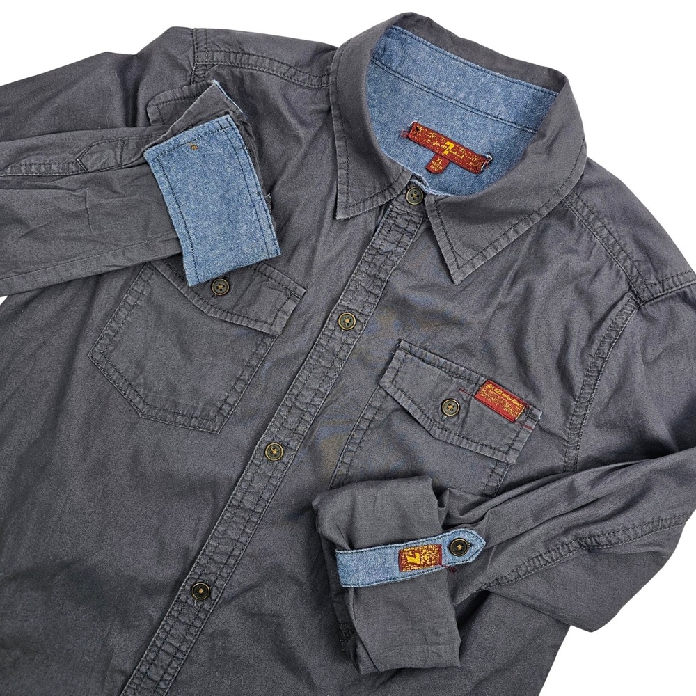 7 Seven For All Mankind Youth XL Shirt Gray Button Up Short Sleeve Canvas Skater